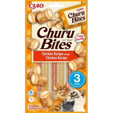 Recompense pentru pisici INABA Ciao, Churu Bites, bucati de Pui umplute cu crema de Pui, 3x10g