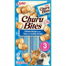 Recompense pentru pisici INABA Ciao, Churu Bites, bucati de Pui umplute cu crema de Ton si Scoici, 3x10g