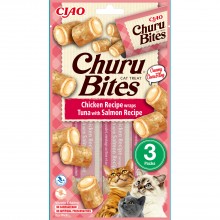 Recompense pentru pisici INABA Ciao, Churu Bites, bucati de Pui umplute cu crema de Ton si Somon, 3x10g