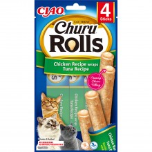 Recompense pentru pisici INABA Ciao, Churu Rolls, rulouri de Pui umplute cu crema de Ton, 4x10g
