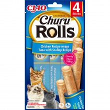 Recompense pentru pisici INABA Ciao, Churu Rolls, rulouri de Pui umplute cu crema de Ton si Scoici, 4x10g
