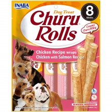 Recompense pentru caini INABA Ciao, Churu Rolls, rulouri de Pui umplute cu crema de Pui si Somon, 12g x 8 plicuri